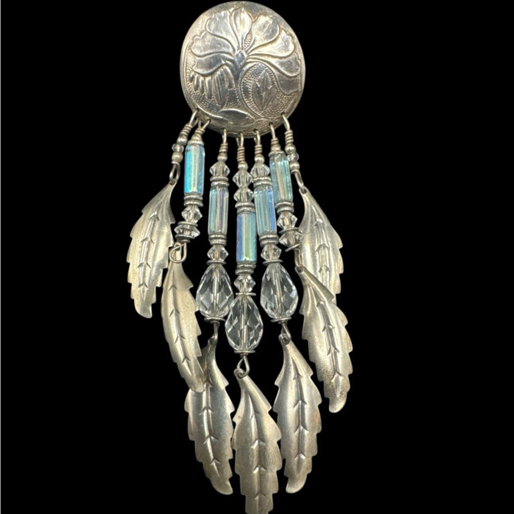 Vintage Sterling Silver Signed Tabra Rainbow Crystal Dangle Feather Earrings 4” - Picture 4 of 5